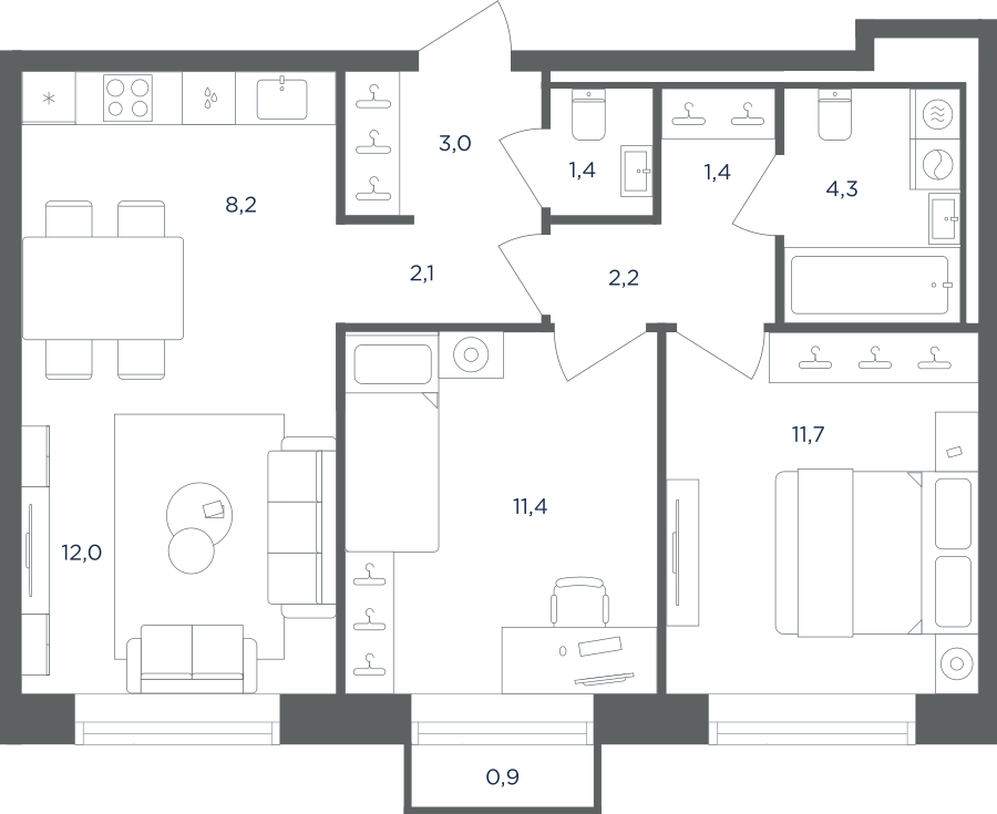 Планировка 3-комнатная квартира в ЖК "Равновесие"