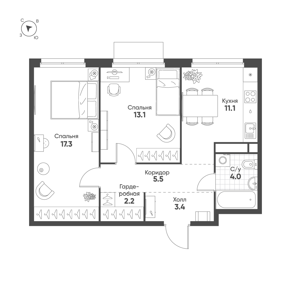 Планировка 2-комнатная квартира в ЖК Shagal (Шагал)