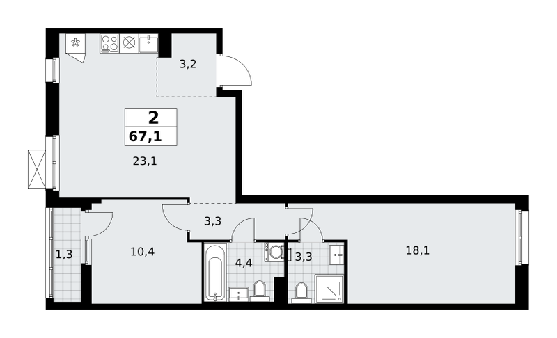 Планировка 2-комнатная квартира в ЖК "Прокшино"