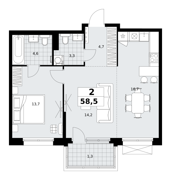 Планировка 2-комнатная квартира в ЖК "Дзен-кварталы"