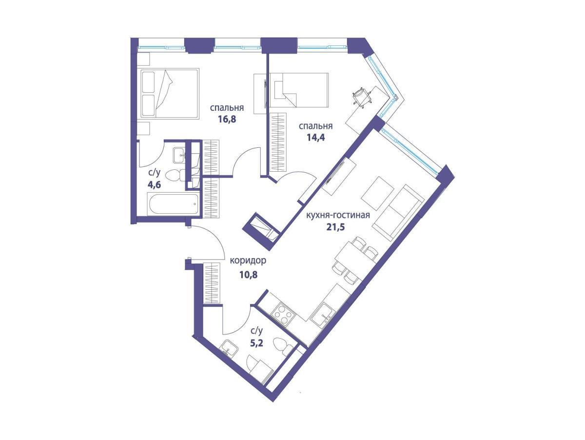 Планировка 2-комнатная квартира в ЖК "Символ"