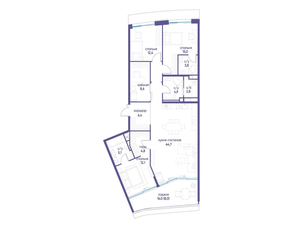 Планировка 4-комнатная квартира в ЖК "Остров"