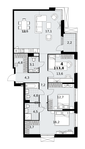 Планировка 4-комнатная квартира в ЖК "Дзен-кварталы"