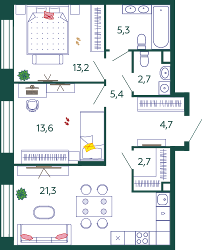 Планировка 2-комнатная квартира в ЖК Shagal (Шагал)