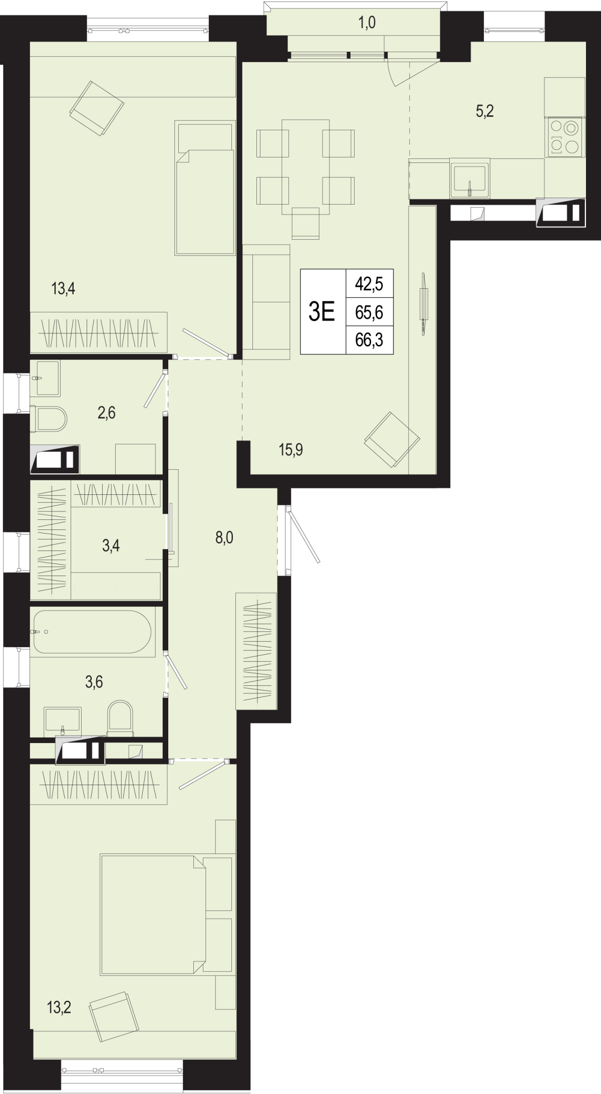 Планировка 3-комнатная квартира в ЖК "Новая Щербинка"