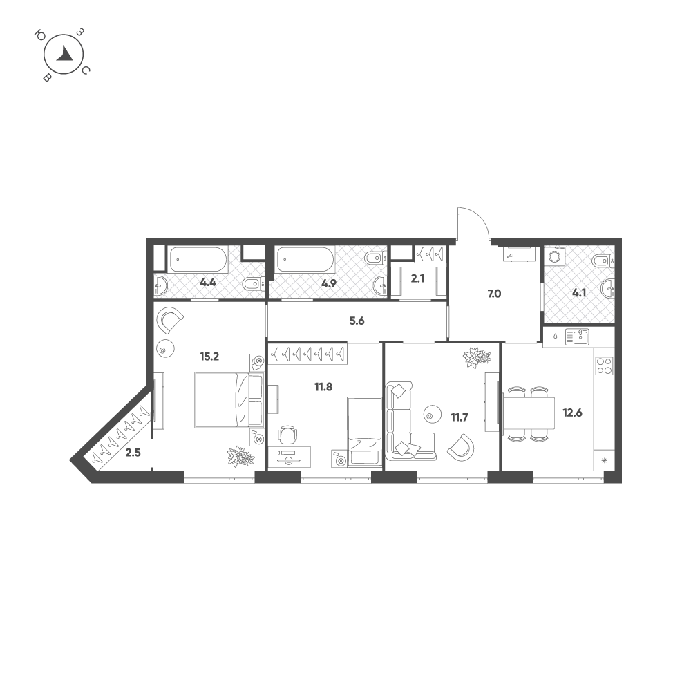 Планировка 3-комнатная квартира в ЖК Voxhall (Воксхолл)