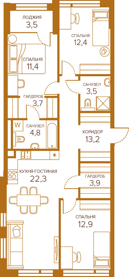 Планировка 3-комнатная квартира в ЖК Champine (Шампайн)