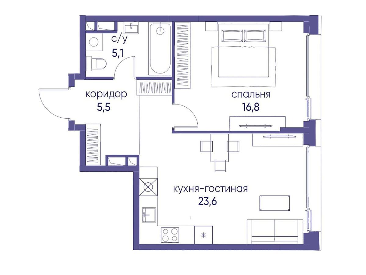 Планировка 1-комнатная квартира в ЖК "Остров"