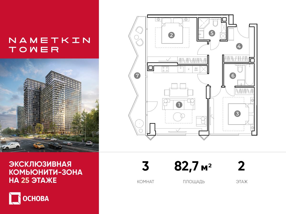 Планировка 3-комнатная квартира в ЖК Nametkin Tower (Наметкин Тауэр)
