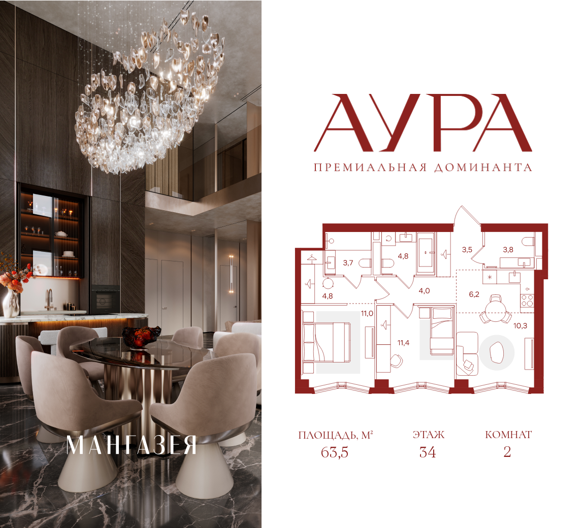 Планировка 2-комнатная квартира в ЖК "АУРА" (Мангазея на Тульской)