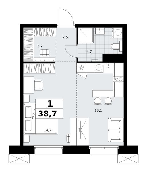 Планировка 1-комнатная квартира в ЖК "Дзен-кварталы"