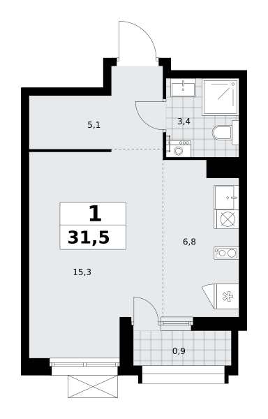 Планировка 1-комнатная квартира в ЖК "Прокшино"
