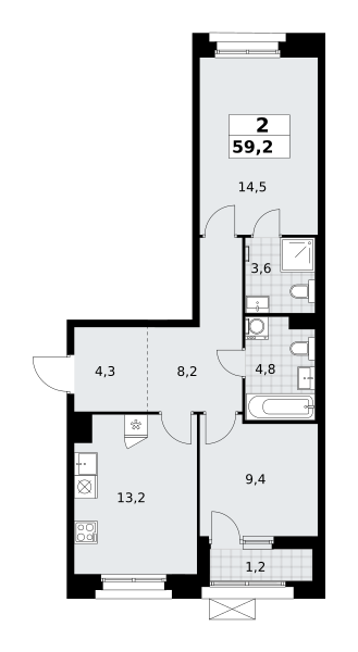 Планировка 2-комнатная квартира в ЖК "Прокшино"