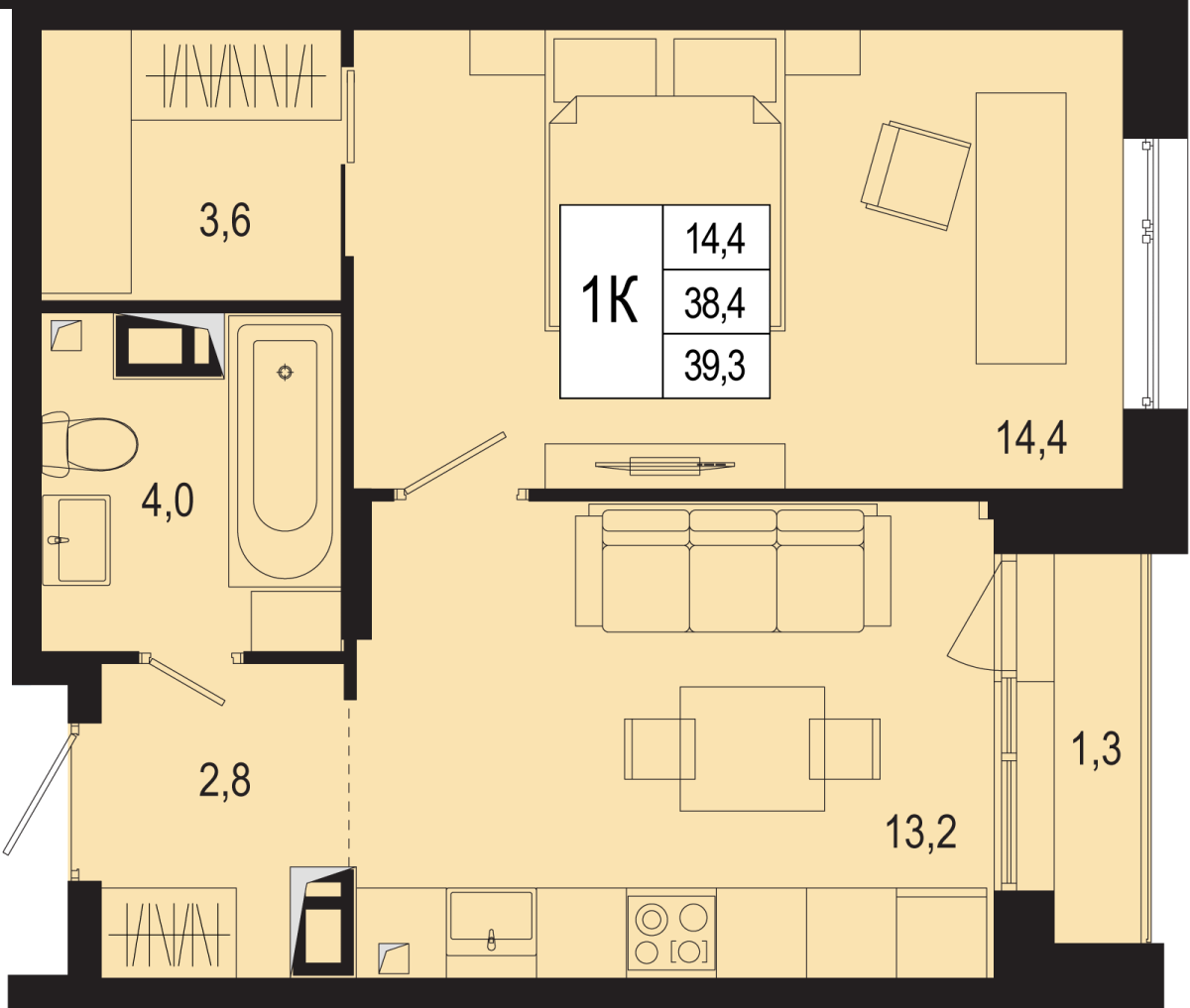 Планировка 1-комнатная квартира в ЖК "Новая Щербинка"