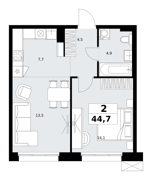 Планировка 2-комнатная квартира в ЖК "Дзен-кварталы"