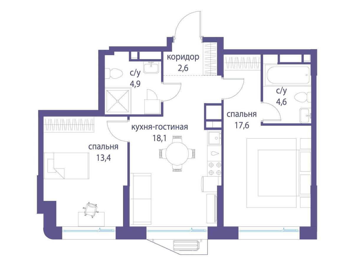 Планировка 2-комнатная квартира в ЖК "Символ"