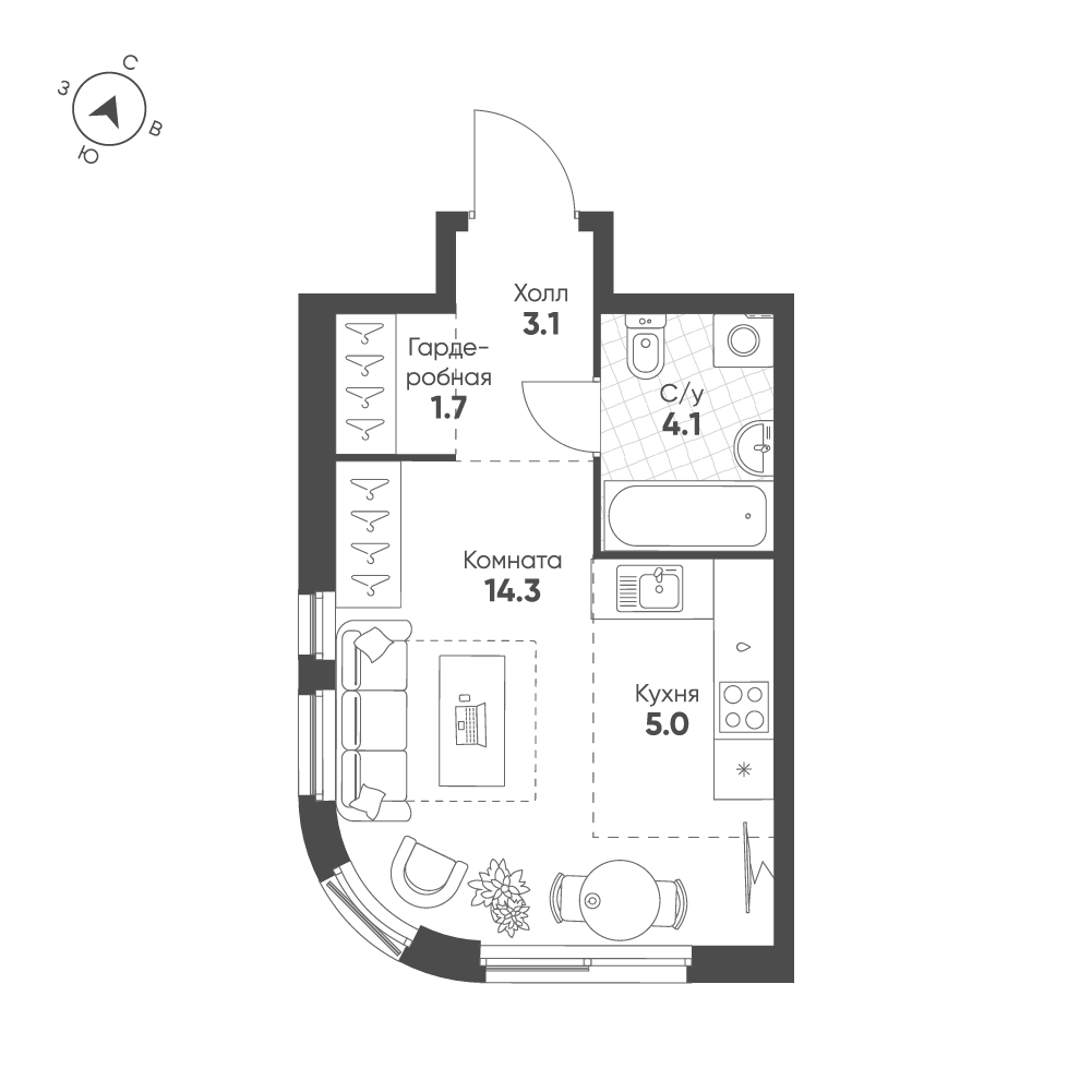 Планировка 1-комнатная квартира в ЖК Shagal (Шагал)