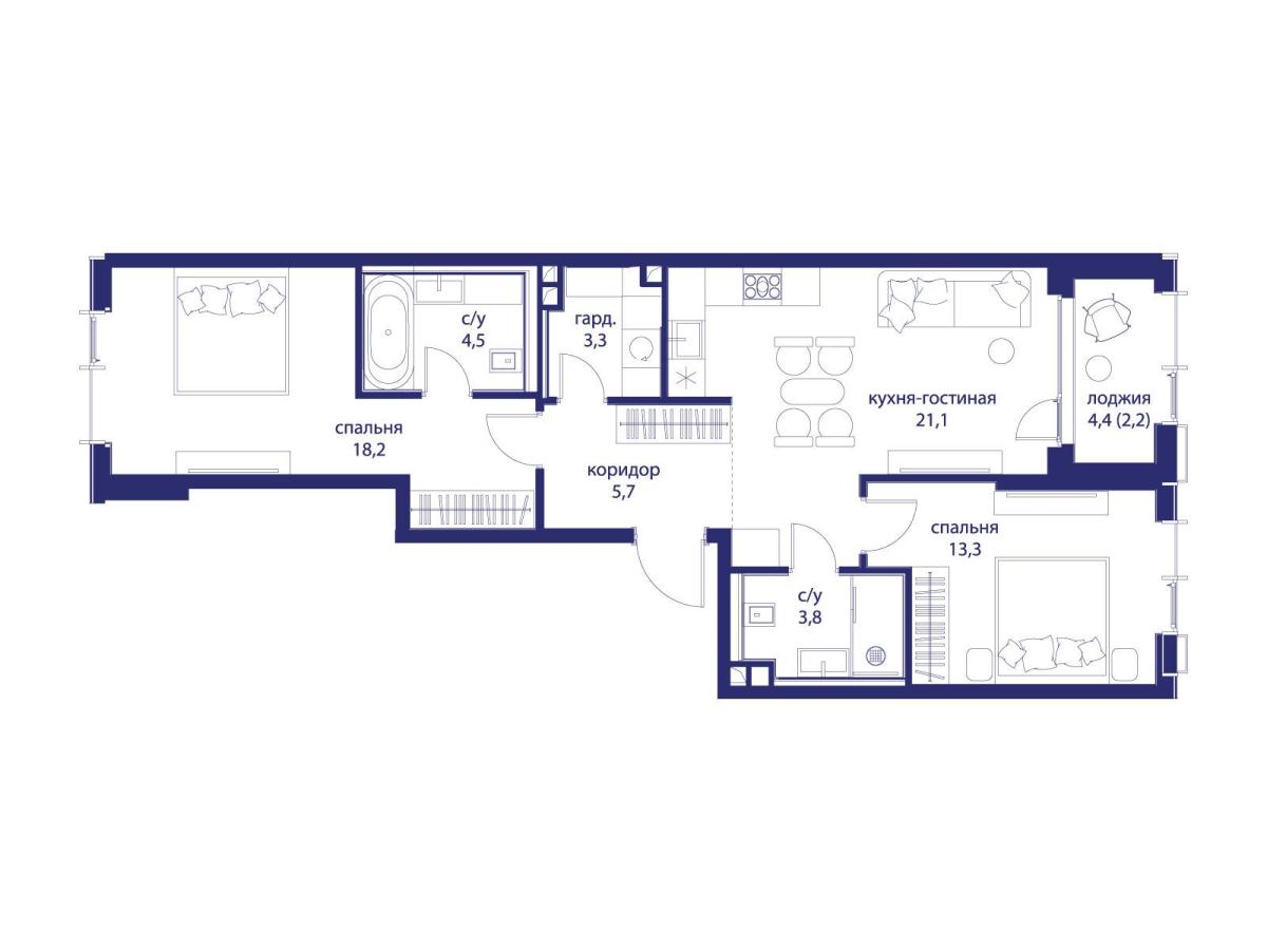 Планировка 2-комнатная квартира в ЖК "Событие"