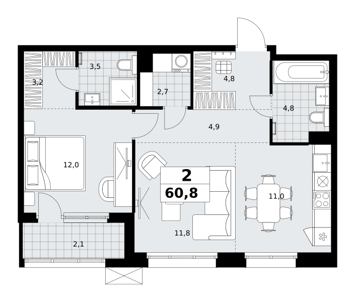 Планировка 2-комнатная квартира в ЖК "Дзен-кварталы"