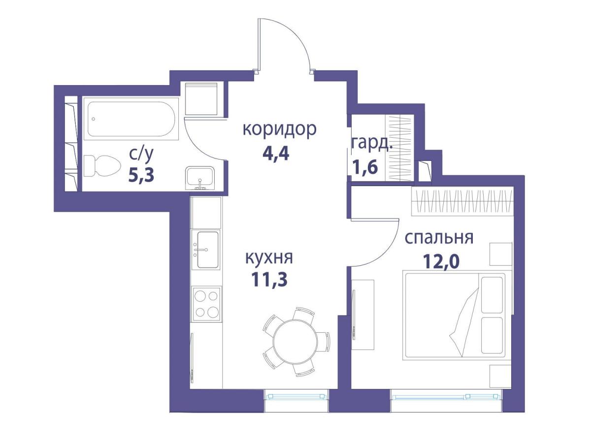 Планировка 1-комнатная квартира в ЖК "Символ"