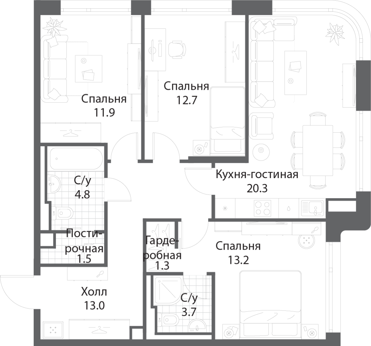 Планировка 3-комнатная квартира в ЖК Nagatino i-Land (Нагатино ай-лэнд)