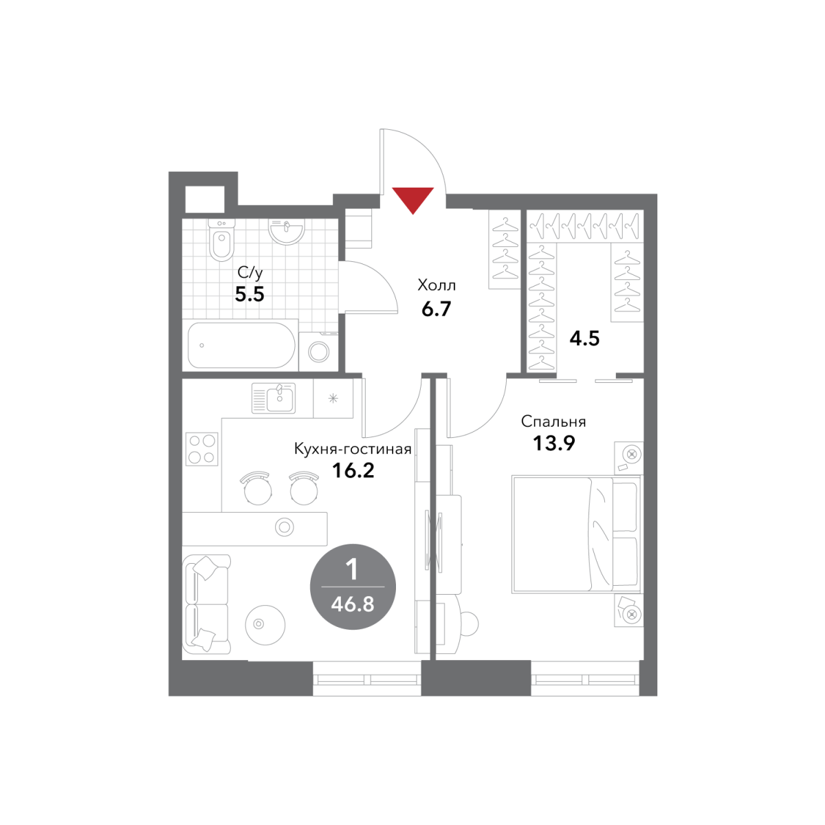Планировка 1-комнатная квартира в ЖК Voxhall (Воксхолл)