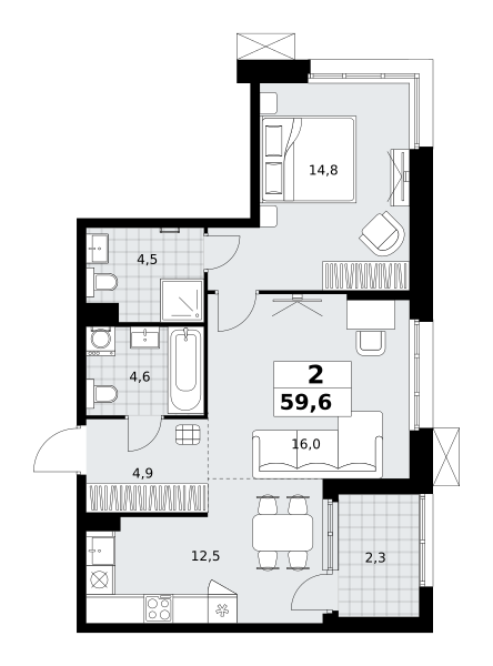 Планировка 2-комнатная квартира в ЖК "Дзен-кварталы"