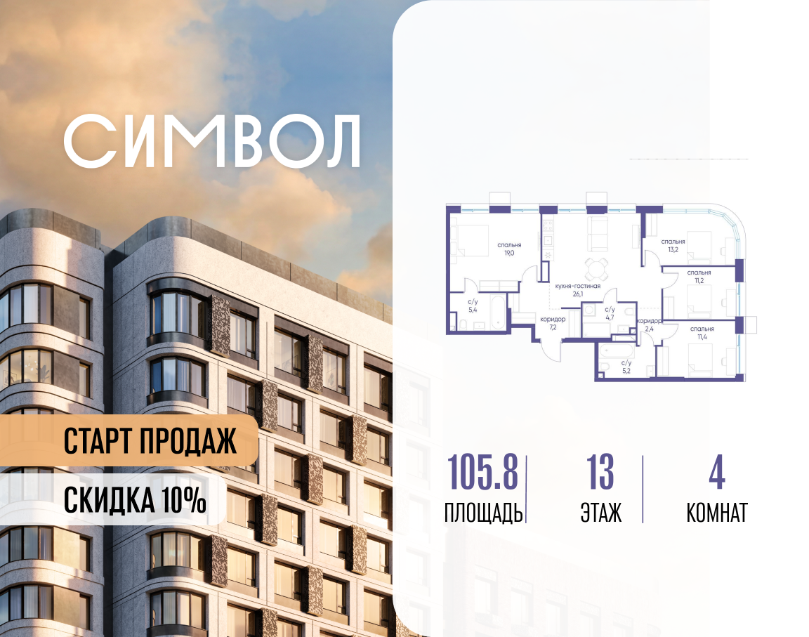 Планировка 4-комнатная квартира в ЖК "Символ"