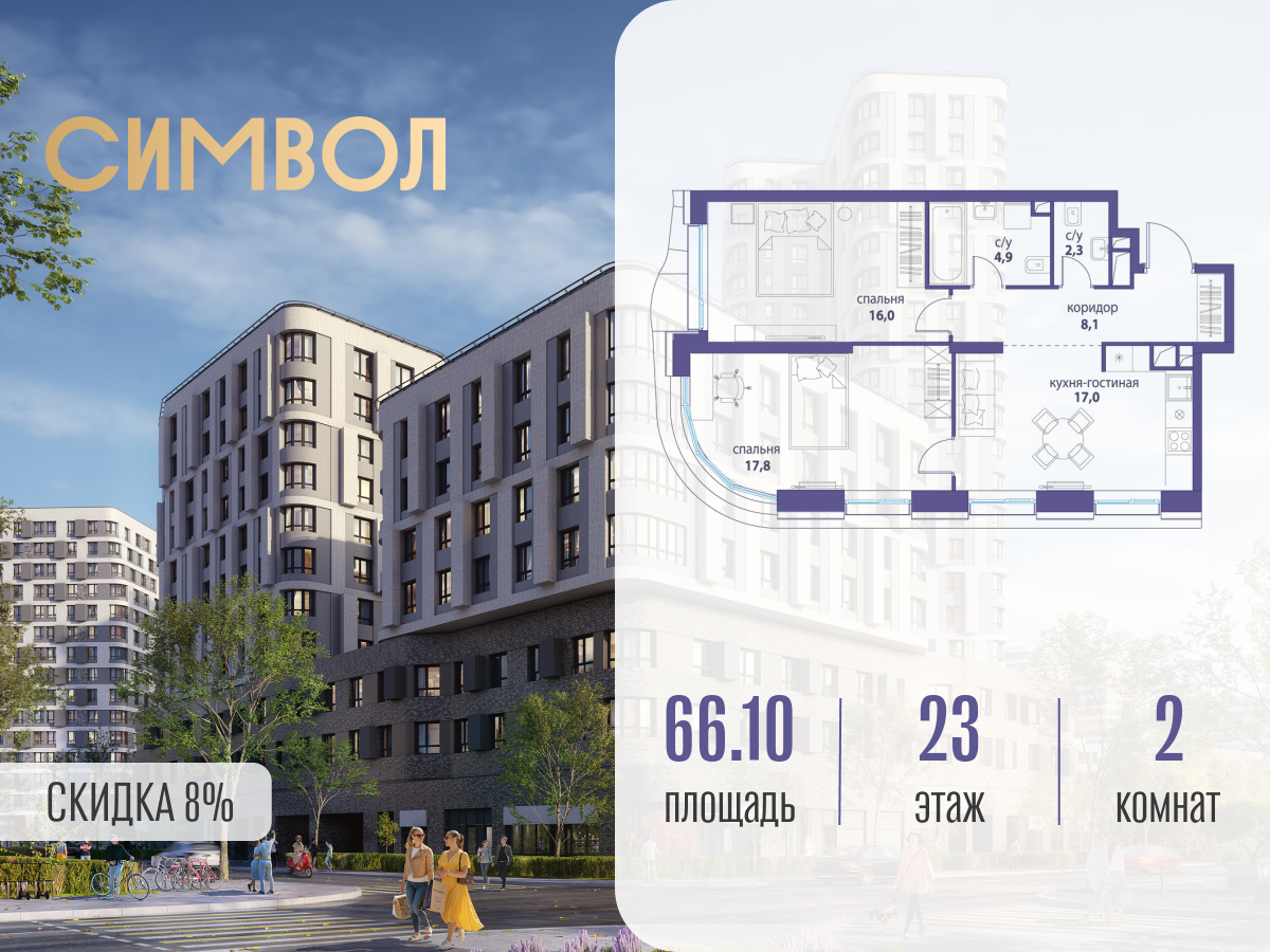 Планировка 2-комнатная квартира в ЖК "Символ"