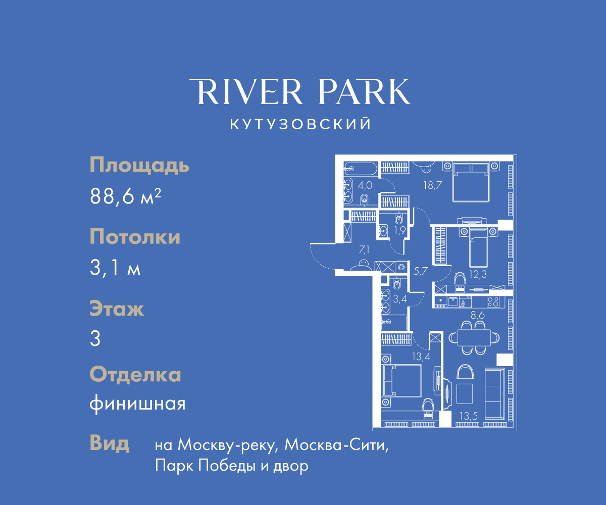 Планировка 3-комнатная квартира в ЖК "River Park Кутузовский" (Ривер парк Кутузовский)