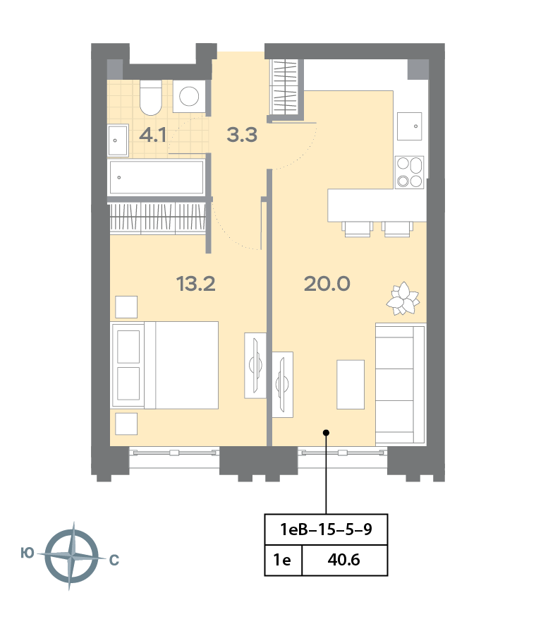 Планировка 1-комнатная квартира в ЖК "Дмитровское Небо"