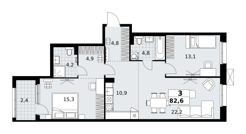 Планировка 3-комнатная квартира в ЖК "Дзен-кварталы"