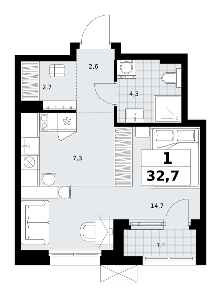 Планировка 1-комнатная квартира в ЖК "Дзен-кварталы"