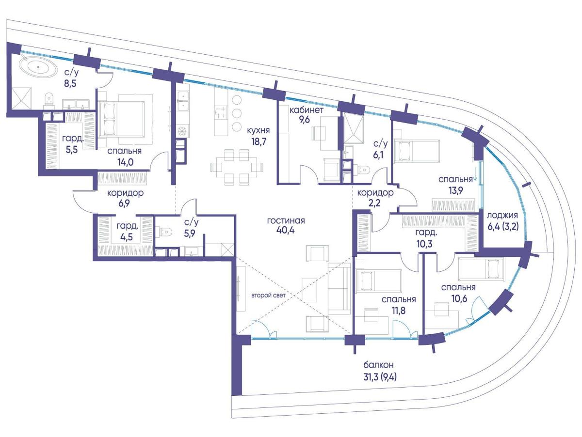 Планировка Многокомнатная квартира в ЖК "Остров"