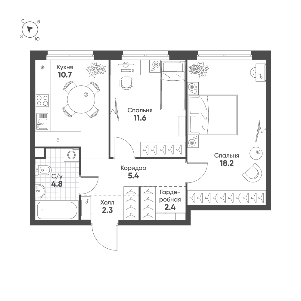 Планировка 2-комнатная квартира в ЖК Shagal (Шагал)