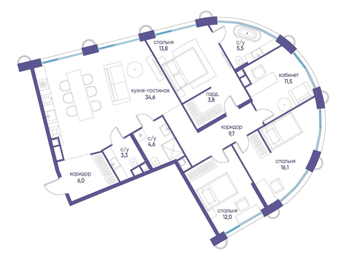 Планировка 4-комнатная квартира в ЖК "Остров"