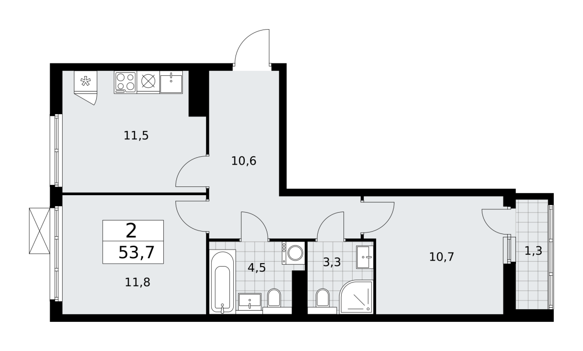Планировка 2-комнатная квартира в ЖК "Бунинские Кварталы"