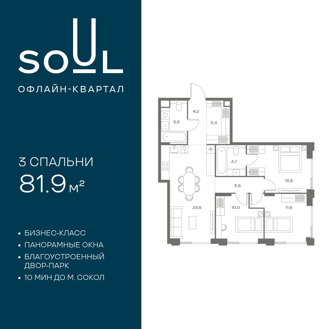 Планировка 3-комнатная квартира в ЖК Soul (Соул)