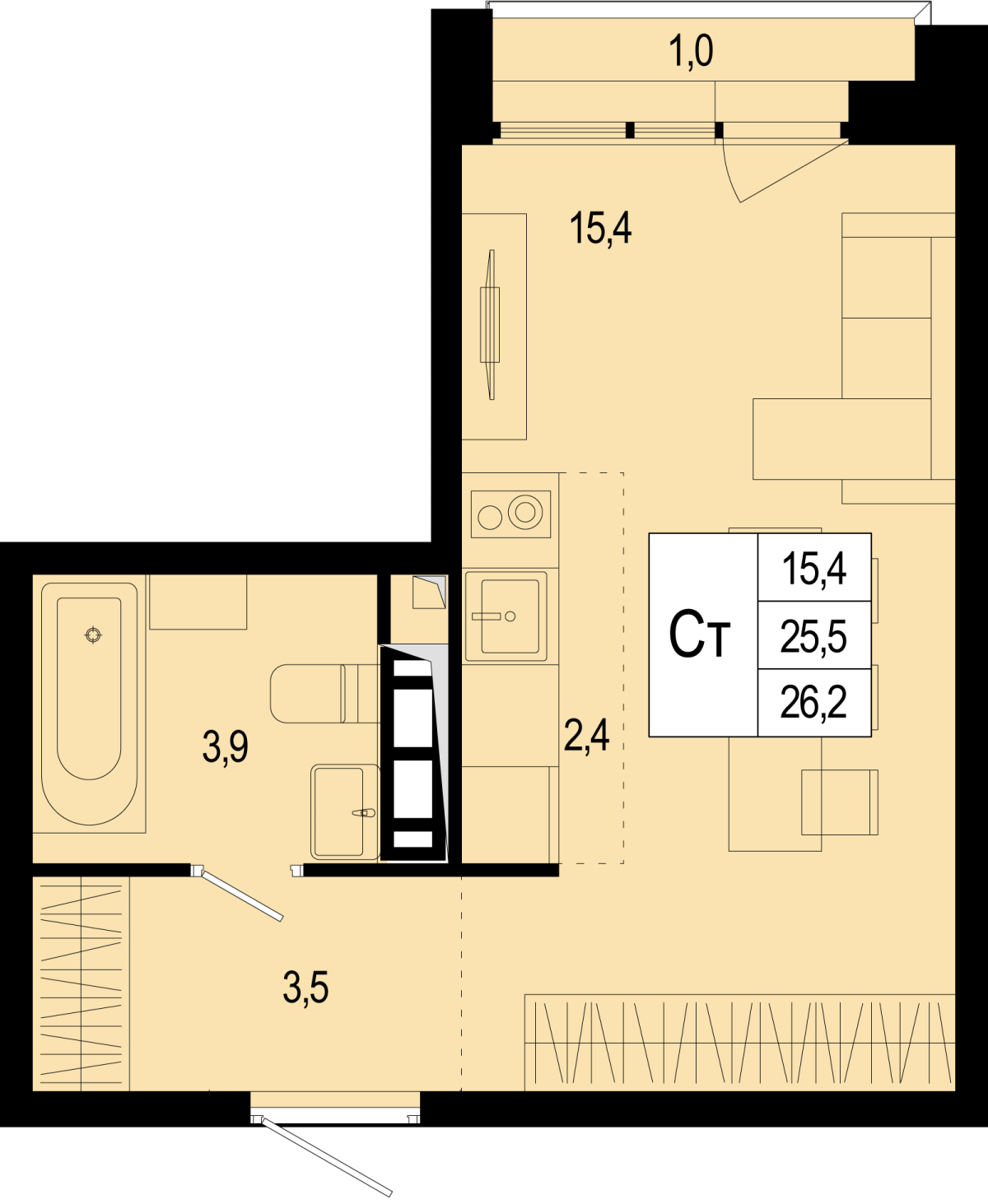 Планировка Студийная планировка в ЖК "Новая Щербинка"