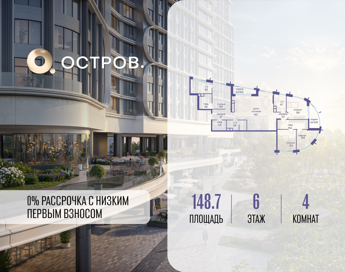 Планировка 4-комнатная квартира в ЖК "Остров"