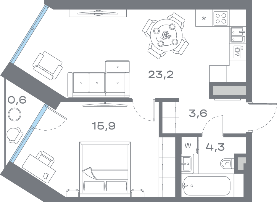 Планировка 1-комнатная квартира в ЖК "Дом Горизонтов"