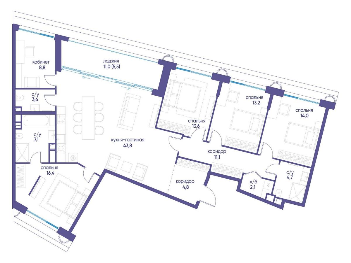 Планировка 5-комнатная квартира в ЖК "Остров"