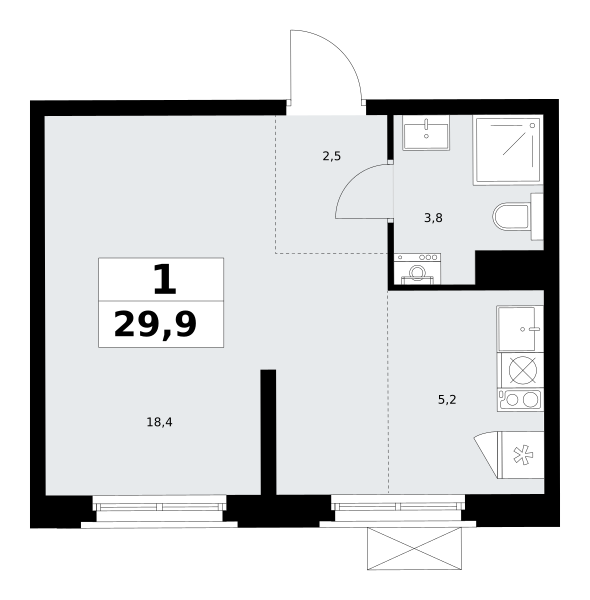 Планировка 1-комнатная квартира в ЖК "Прокшино"