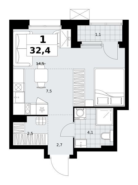Планировка 1-комнатная квартира в ЖК "Дзен-кварталы"