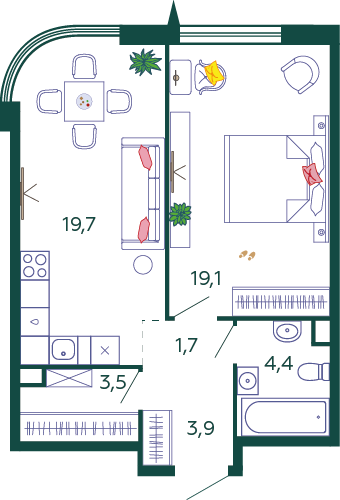Планировка 1-комнатная квартира в ЖК Shagal (Шагал)