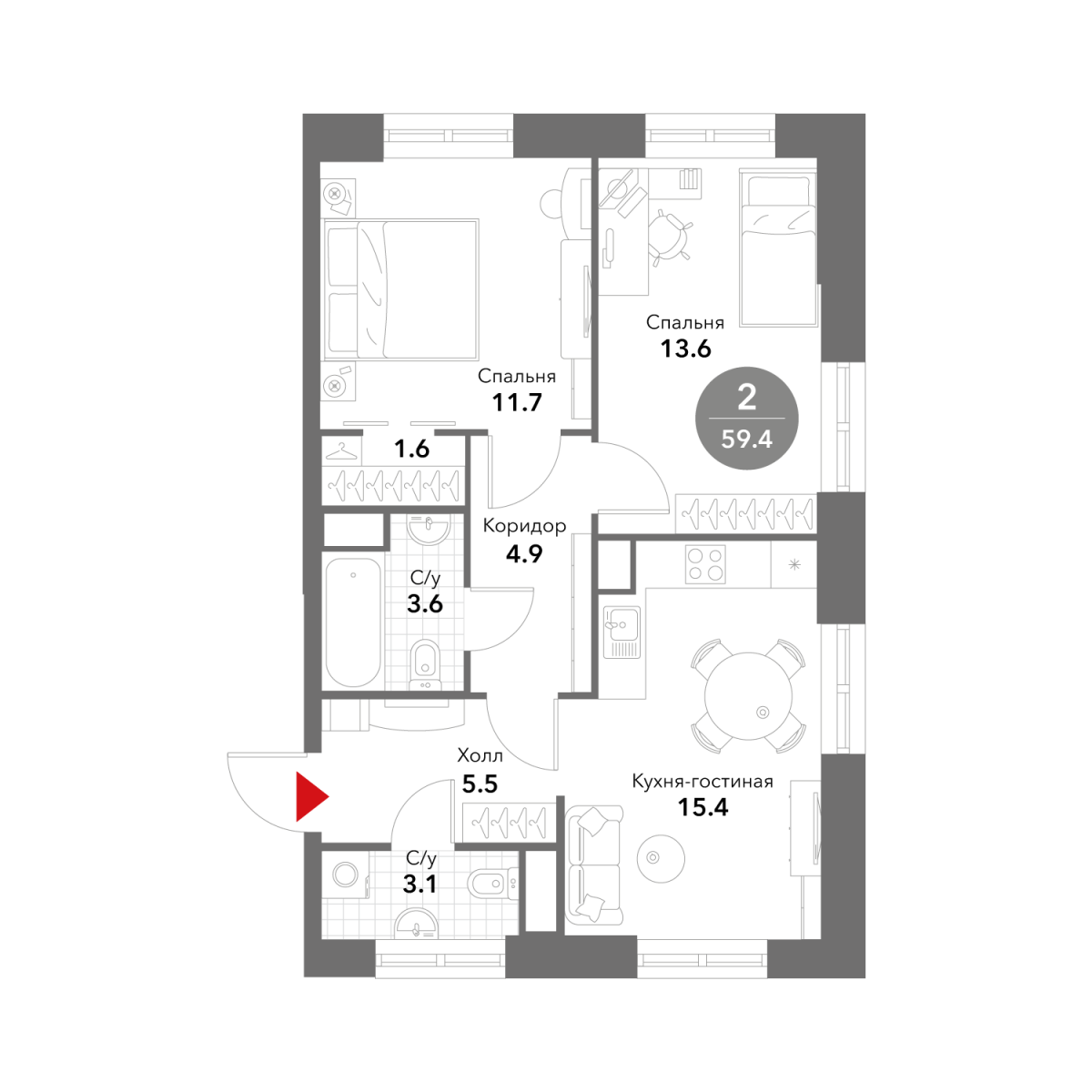 Планировка 2-комнатная квартира в ЖК Voxhall (Воксхолл)