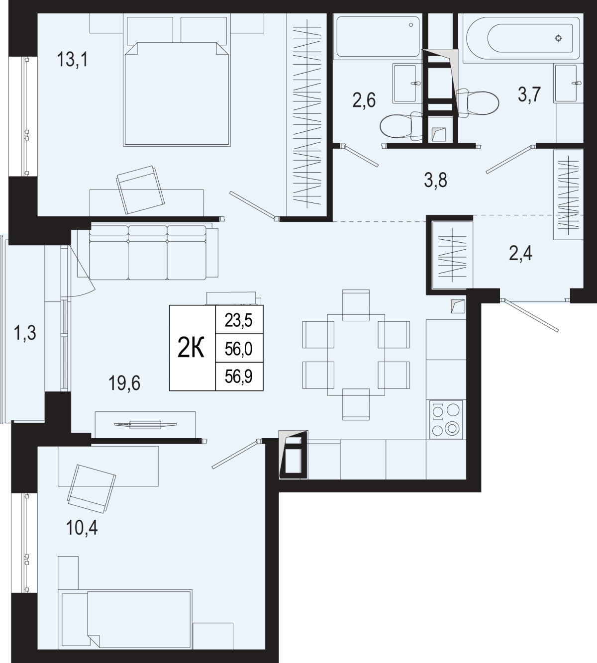 Планировка 2-комнатная квартира в ЖК "Новая Щербинка"