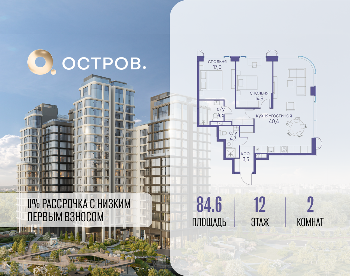 Планировка 2-комнатная квартира в ЖК "Остров"