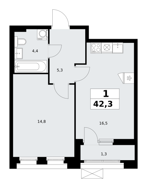 Планировка 1-комнатная квартира в ЖК "Прокшино"