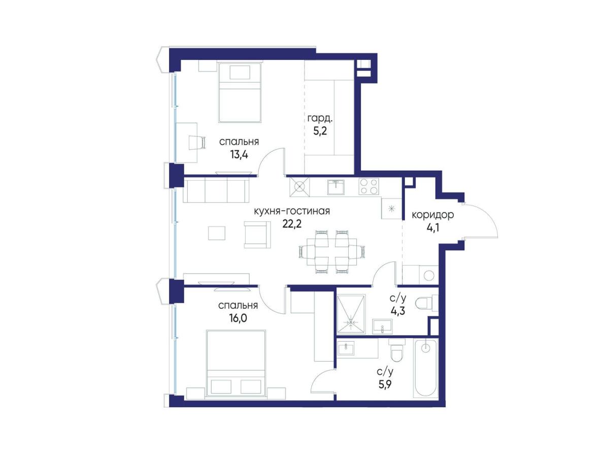 Планировка 2-комнатная квартира в ЖК "Остров"
